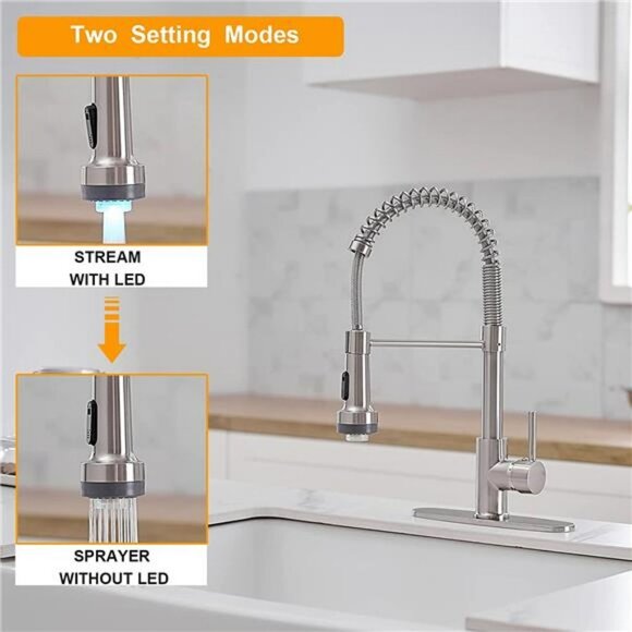 LED Brushed Nickel Spring Kitchen Faucet with Pull Down Sprayer,Single or 3 Hole